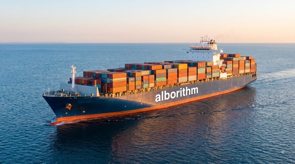 Container ship sailing across the open ocean