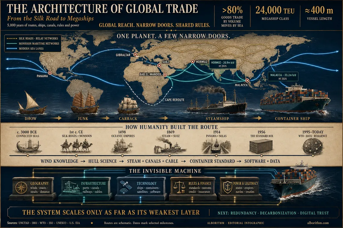 Landscape infographic tracing global maritime trade from the Silk Roads and monsoon routes to Suez, Panama, containerization, megaships and modern chokepoints.