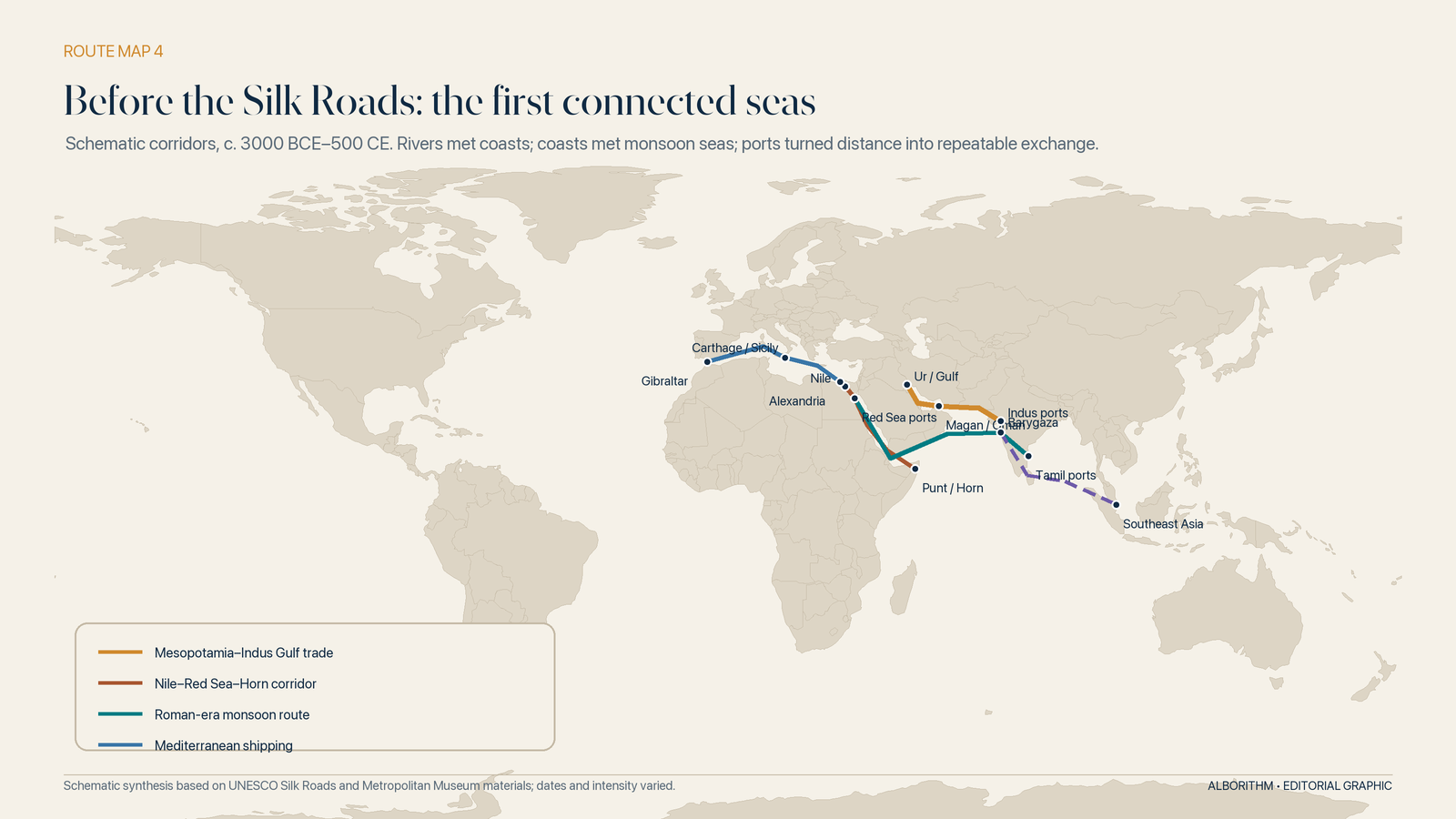 Before a single “world economy” existed, connected seas created overlapping commercial worlds. Routes are schematic and changed repeatedly. Graphic: Alborithm.