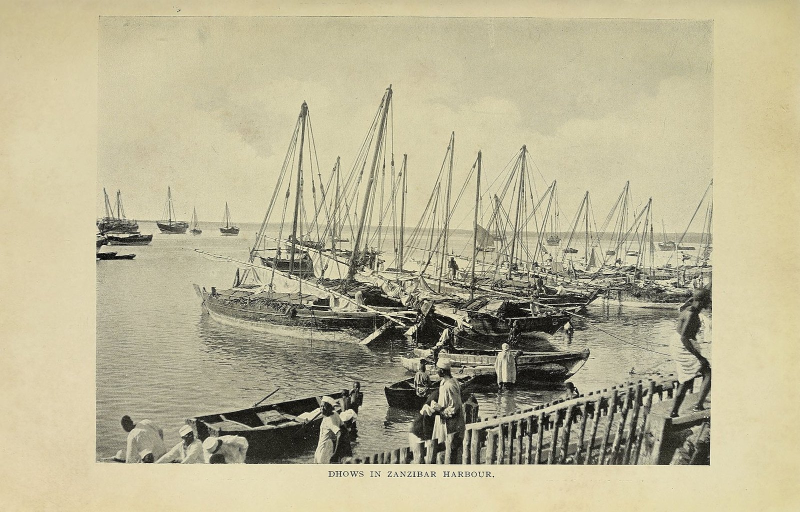 Dhows in Zanzibar harbour, 1909. The photograph is late, but the vessel type evokes a much older Indian Ocean trading ecology shaped by monsoon wind, coastal knowledge and port communities. A. E. M. Anderson-Morshead