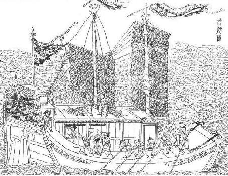 A two-masted Chinese junk illustrated in Song Yingxing’s Tiangong Kaiwu, 1637. Its high stern, battened sails and broad working deck belong to a shipbuilding tradition that had served Asian waters for centuries.