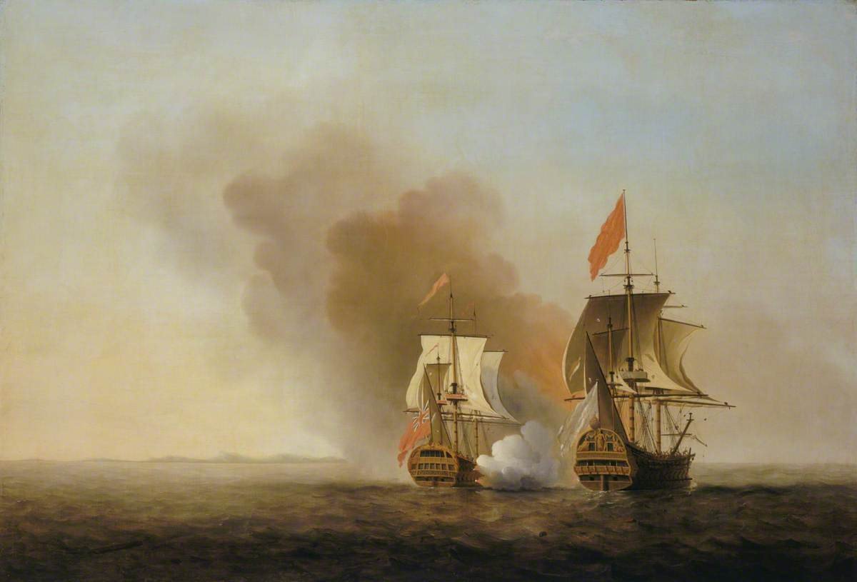 The 1743 capture of the Manila galleon Nuestra Señora de Covadonga by HMS Centurion reveals the fusion of commerce and naval power. Painting by Samuel Scott;