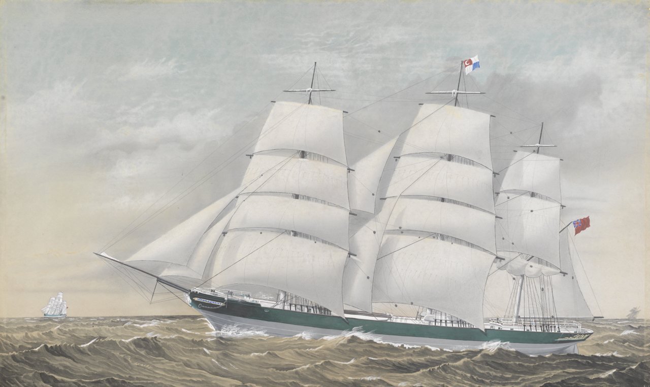 The clipper Evangeline at sea, 1853. Clippers turned hull form and sail area into speed, but steam would soon make reliability more valuable than a record passage. Royal Museums Greenwich