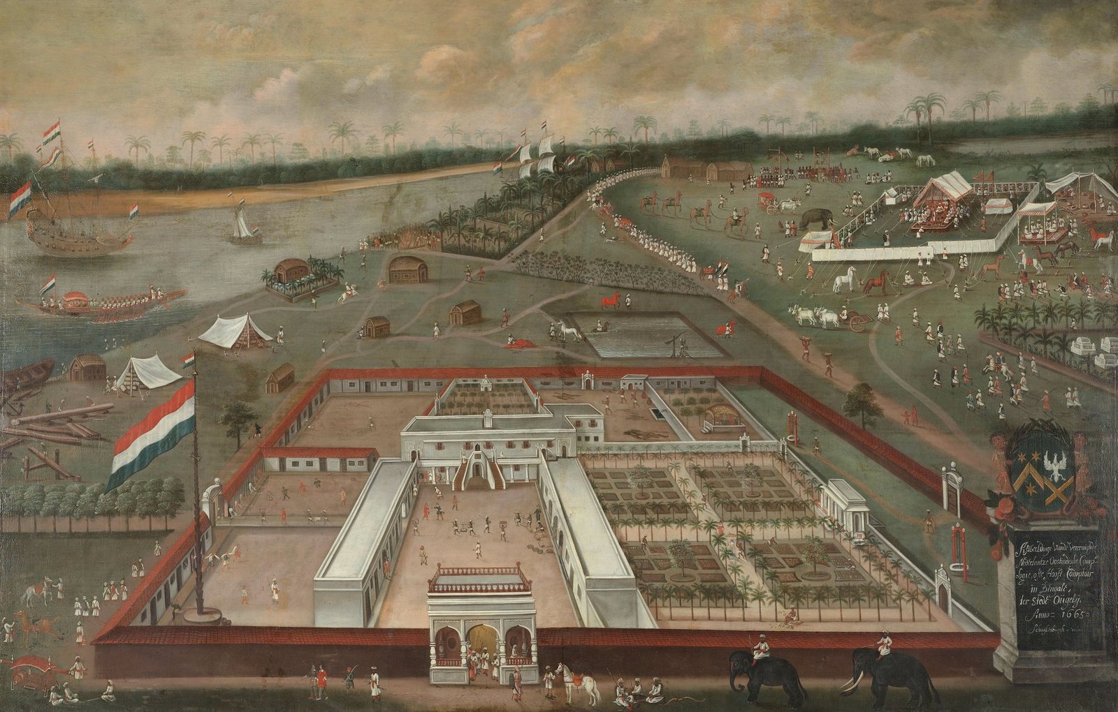 The VOC trade lodge at Hooghly, Bengal, painted in 1665 by Hendrik van Schuylenburgh. Warehouses, river craft, ceremony, local intermediaries and armed corporate authority appear in the same frame. Rijksmuseum