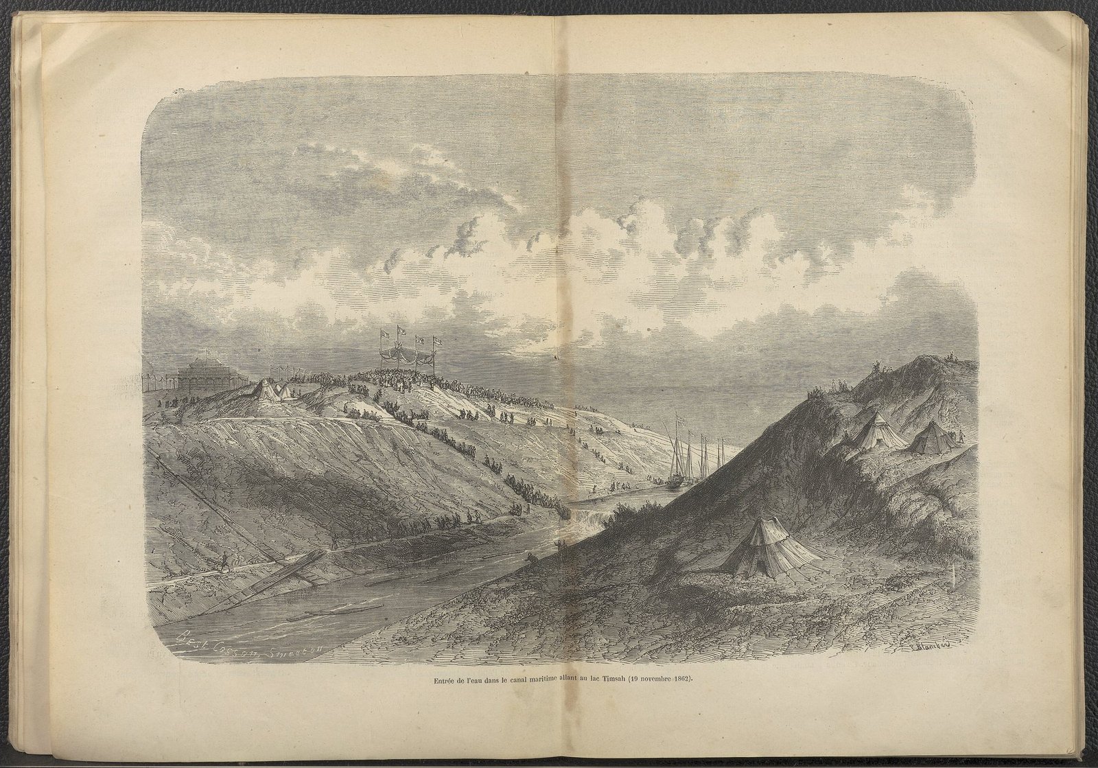The Suez Canal in the year of its opening. Illustration associated with Marius Fontane and Édouard Riou, 1869