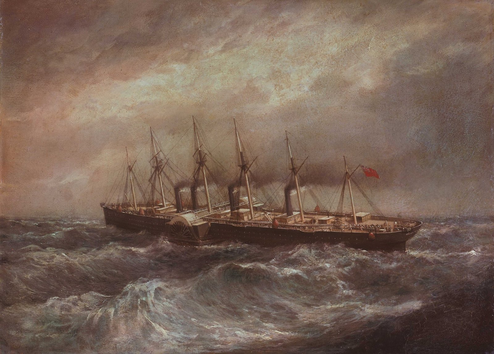 The steamship Great Eastern laying the successful transatlantic cable. The vessel that struggled commercially as a passenger giant found its purpose as infrastructure for information. Painting by Henry Clifford, c. 1865–66