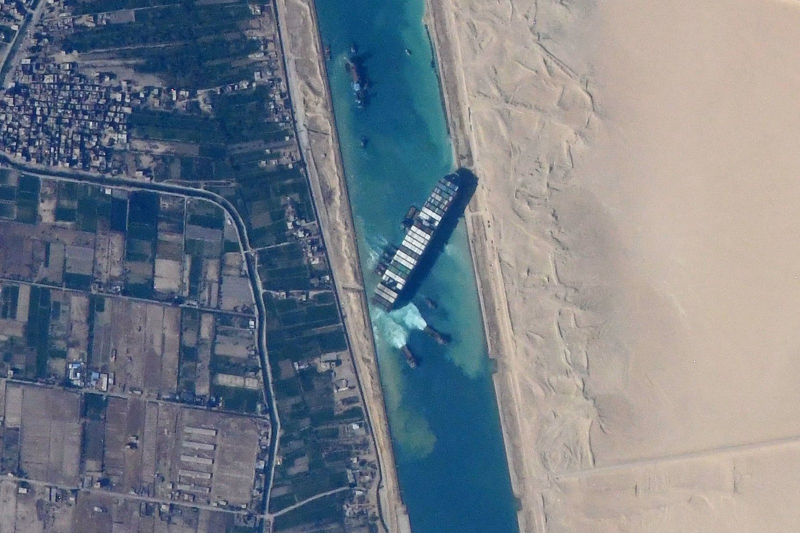 The Ever Given blocking the Suez Canal, viewed from the International Space Station on 27 March 2021. NASA;