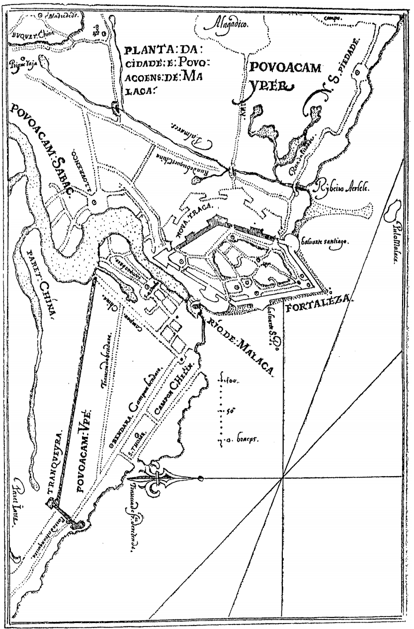 A Portuguese map of Malacca by Manuel Godinho de Herédia, 1604. The chart makes the strategic argument at a glance: settlement, fortification and channel occupy the same narrow geography. 